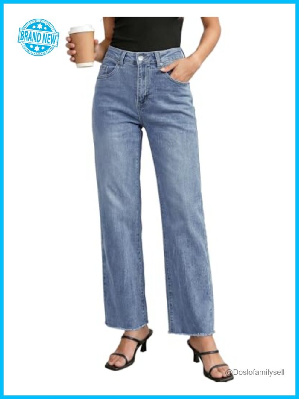 High Waisted Straight Leg Jeans with Frayed Raw Hem - Stretchy Denim